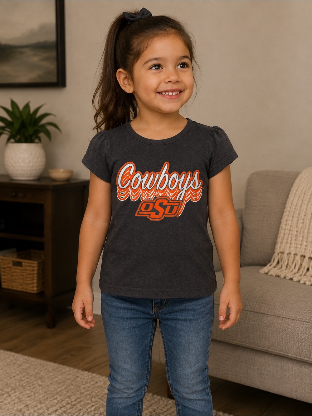 Girls' Short Sleeve Cowboys Graphic Tee - Black with Orange Logo